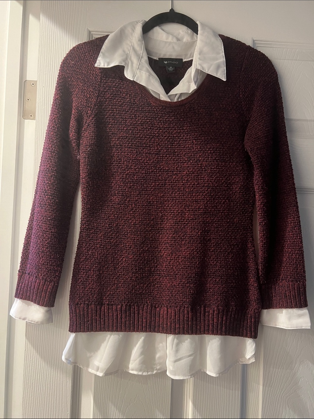 AB Studio Burgundy Knit Sweater with Attached White Shirt